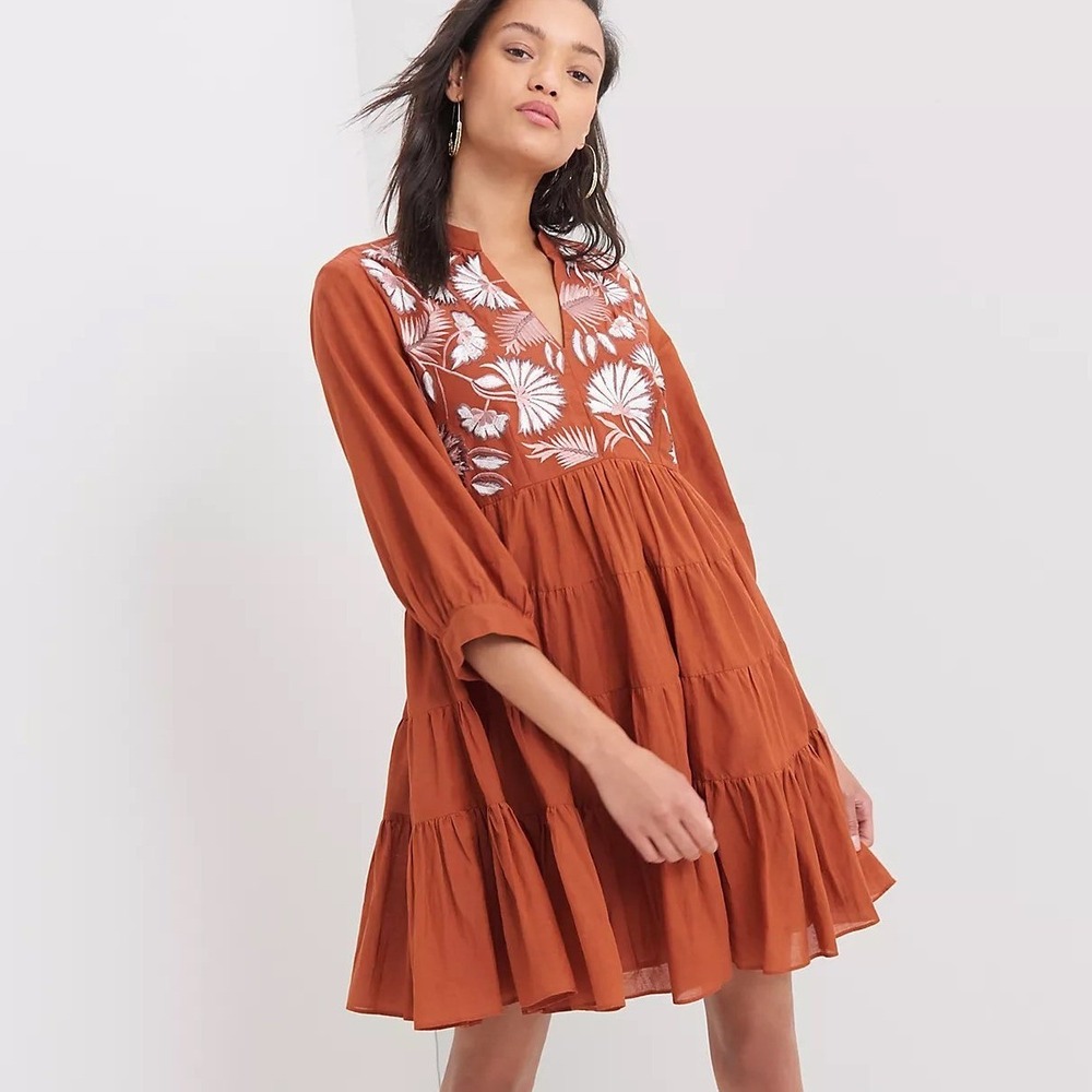 Anthropologie Samant Chauhan Orange Apolline Embroidered Mini Tunic Dress Medium